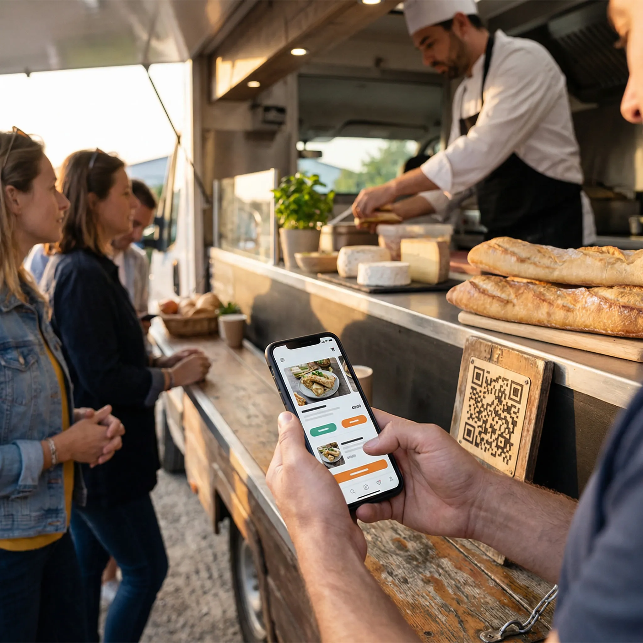 Food truck en service de rue avec client commandant via QR code et téléphone